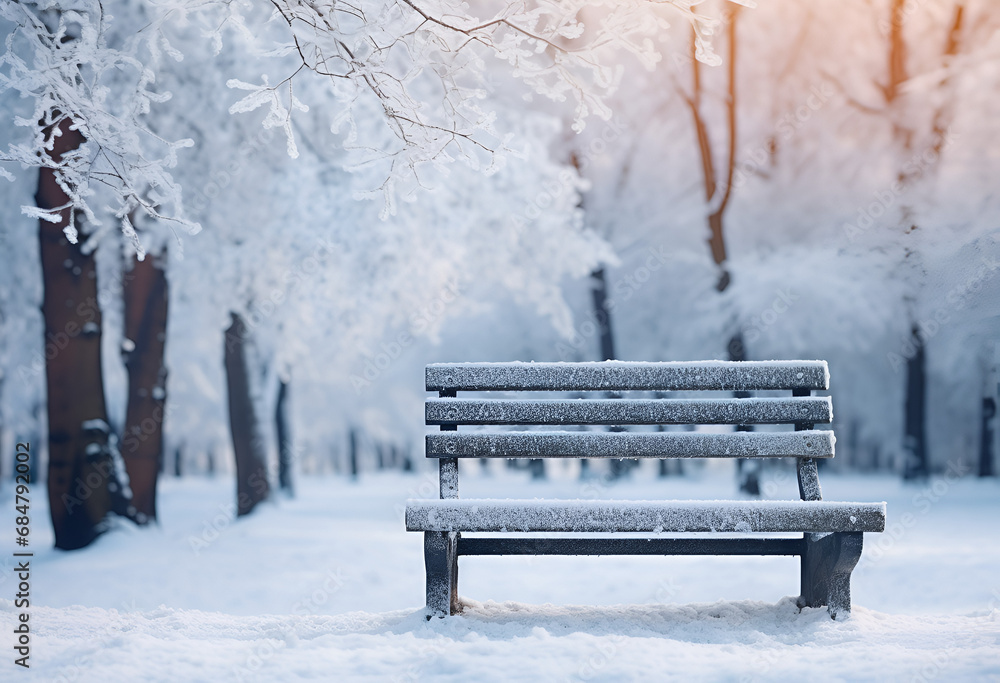 A bench in a winter park as a symbol of romantic