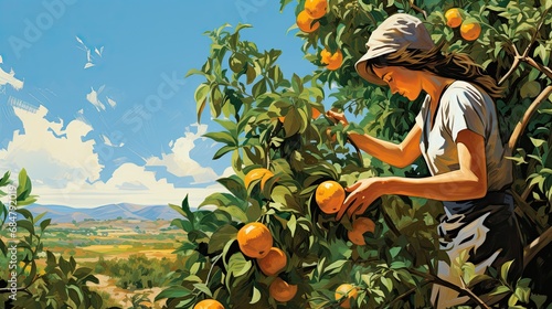 Drawn illustration of a woman picking oranges on a sunny day in Valencia photo