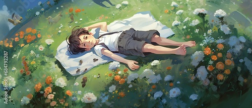 Boy sleeping in a beautiful graveyard with white little flowers in green grass, top view from drone cartoon illustration background photo