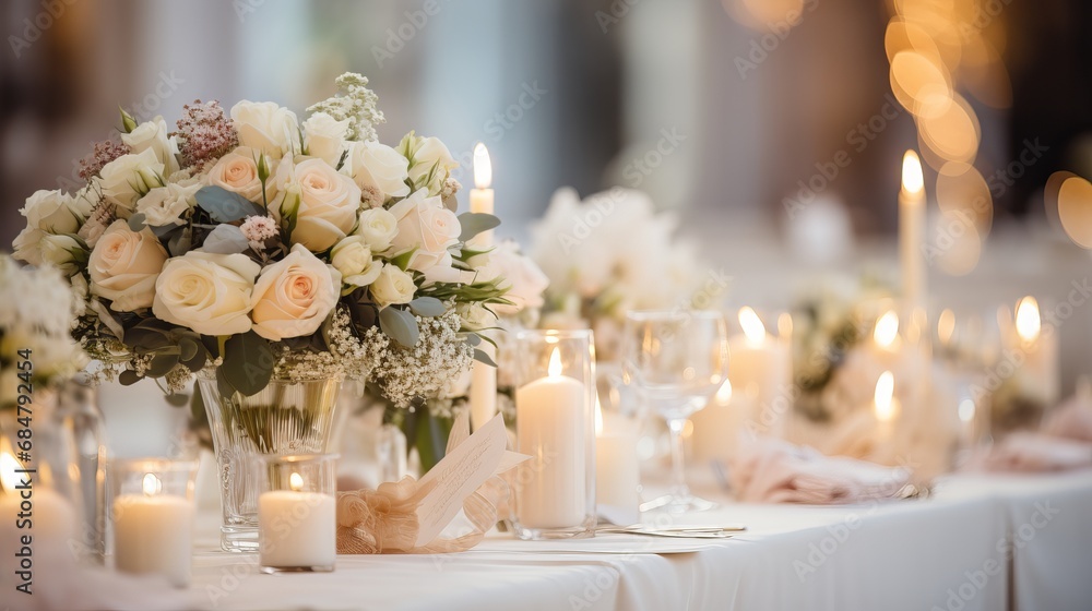 Flowers and candles are used to decorate the wedding table for the groom and bride. Flowers and candles are used to decorate the wedding table for the groom and bride.