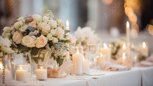 Flowers and candles are used to decorate the wedding table for the groom and bride.