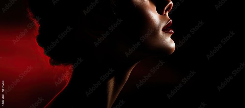  a close up of a woman's face with a red light coming from the side of her face and a black background.