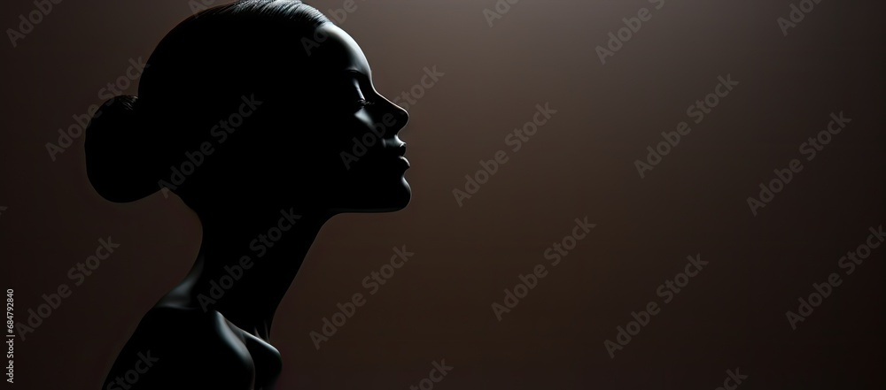  a black silhouette of a woman's head with a bird on top of her head, against a brown background.