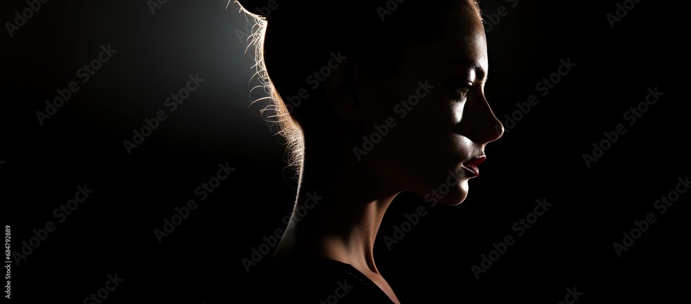  a woman's profile in the dark with her hair pulled back and her face slightly turned to the side. - obrazy, fototapety, plakaty 