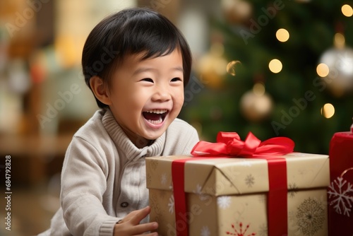 Joyful Child with Christmas Gifts and Tree Lights
