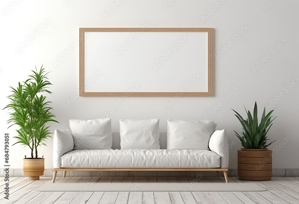 Naklejka premium Blank wooden picture frame mock-up on wall