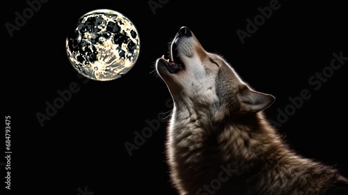 Close-up of a wolf howling in front of a moon. Wildlife. Wilderness Concept. photo