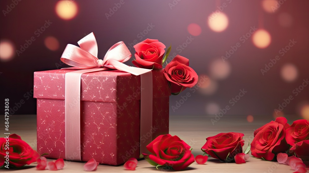 a red gift box with a bow and a bunch of red roses on a table with a boke of lights in the background. a red gift box with a bow and a bunch of red roses on a table with a boke of lights in the background.