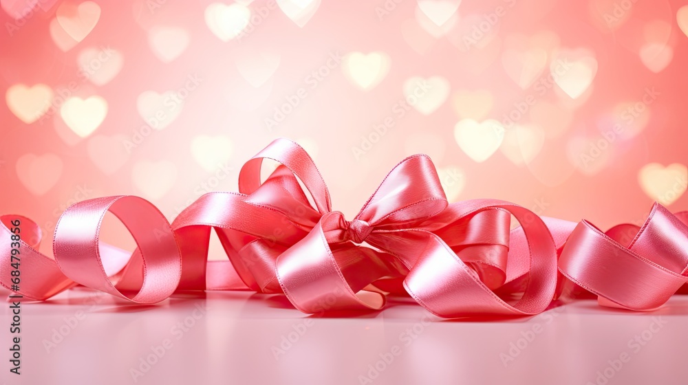 a close up of a ribbon on a table with a heart - shaped boke of lights in the background. a close up of a ribbon on a table with a heart - shaped boke of lights in the background.