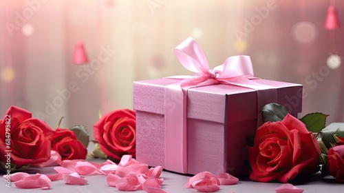  a pink gift box with a pink ribbon and rose petals on a white table with pink lights in the background. © Jevjenijs