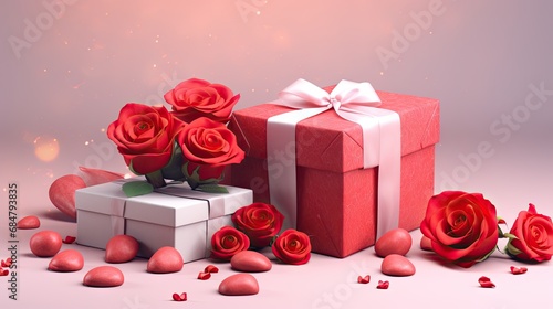  a bunch of red roses sitting next to a white box with a bow and a bow on top of it.