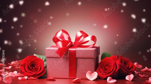  a red gift box with a red ribbon and two red roses with petals on a red background with boke of light.