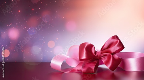  a close up of a pink ribbon with a bow on a shiny surface with boke of lights in the background.