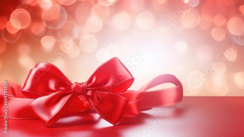  a close up of a red bow on a table with blurry lights in the backgrouds of the background.