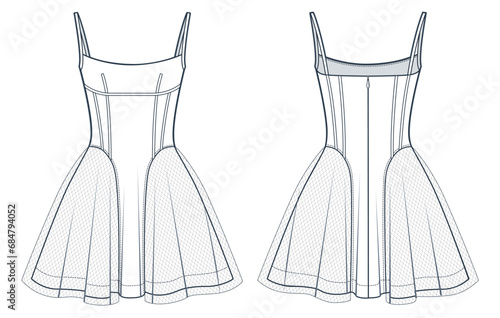 Women's Dress with Mesh technical fashion Illustration. Corset Dress fashion flat technical drawing template, shoulder straps, slim fit, back zip-up, front, back view, white color, women CAD mockup. photo