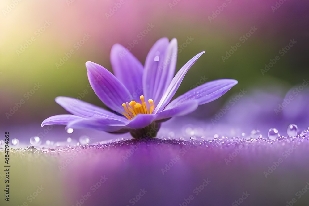 Nature's beauty is captured in dew-kissed petals on a purple flower, Morning dew enhancing the allure of a purple blossom.