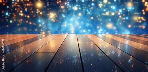  a wooden floor with a blurry background and a sky filled with bright lights in the middle of the floor.