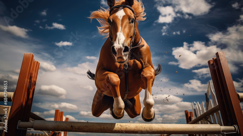 Front view of a horse jumping over an fence. © OleksandrZastrozhnov