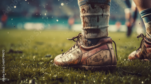 Close-up of a rugby player's feet on the stadium grass. © OleksandrZastrozhnov