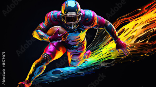 Illustration of an American football player running with a ball and bright multi-colored splashes of paint on a black background.