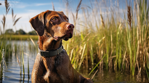 Brown German shorthaired pointer dog in the reeds near the lake.