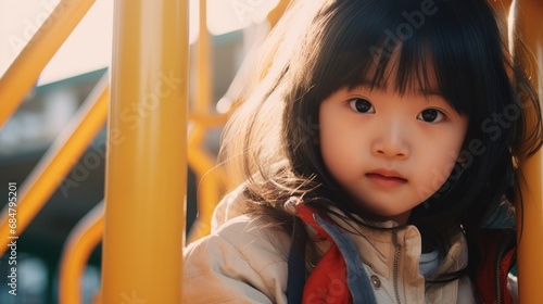 Cheerful asian little girl with brown hair enjoying a sunny day at the playground © PixelPaletteArt