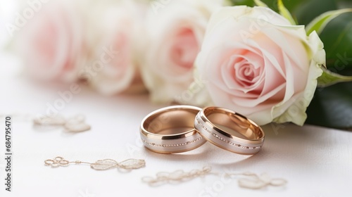 The idea of wedding accessories and wedding rings on a white wooden background.