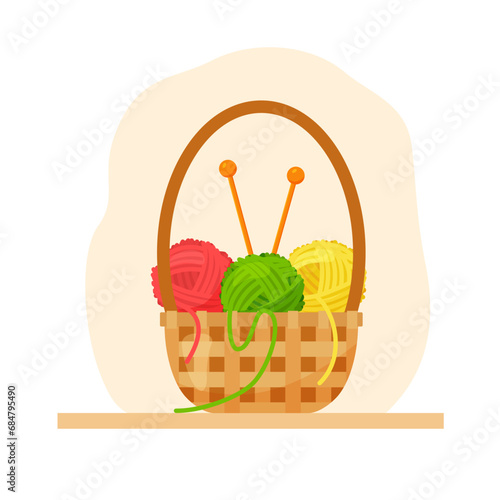 Vector cartoon illustration of yarn balls and needles in basket on color background. Set of tools and supplies for knitwork or handicraft hobby. Flat concept of woolen skeins for design or concept