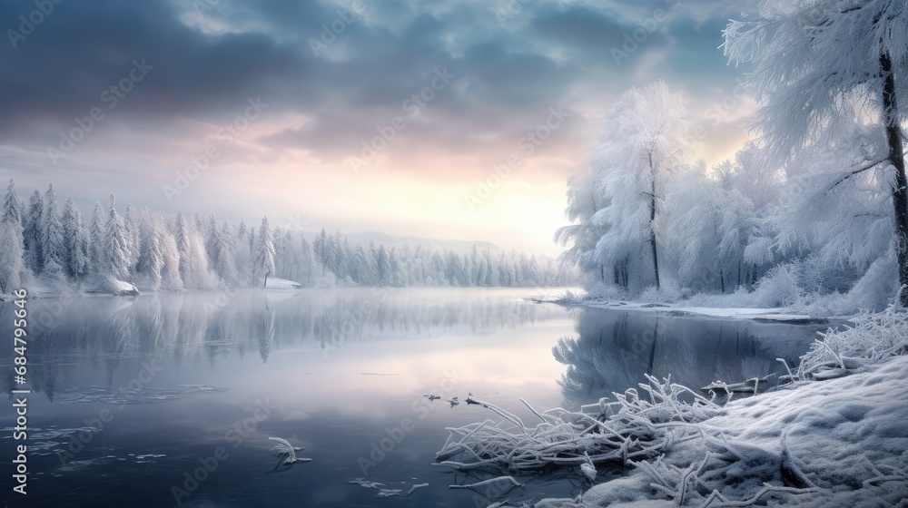 Fototapeta premium Beautiful winter landscape with lake