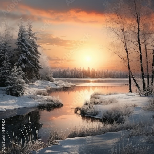Beautiful winter landscape with lake © BrandwayArt