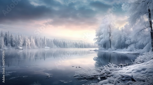 Beautiful winter landscape with lake
