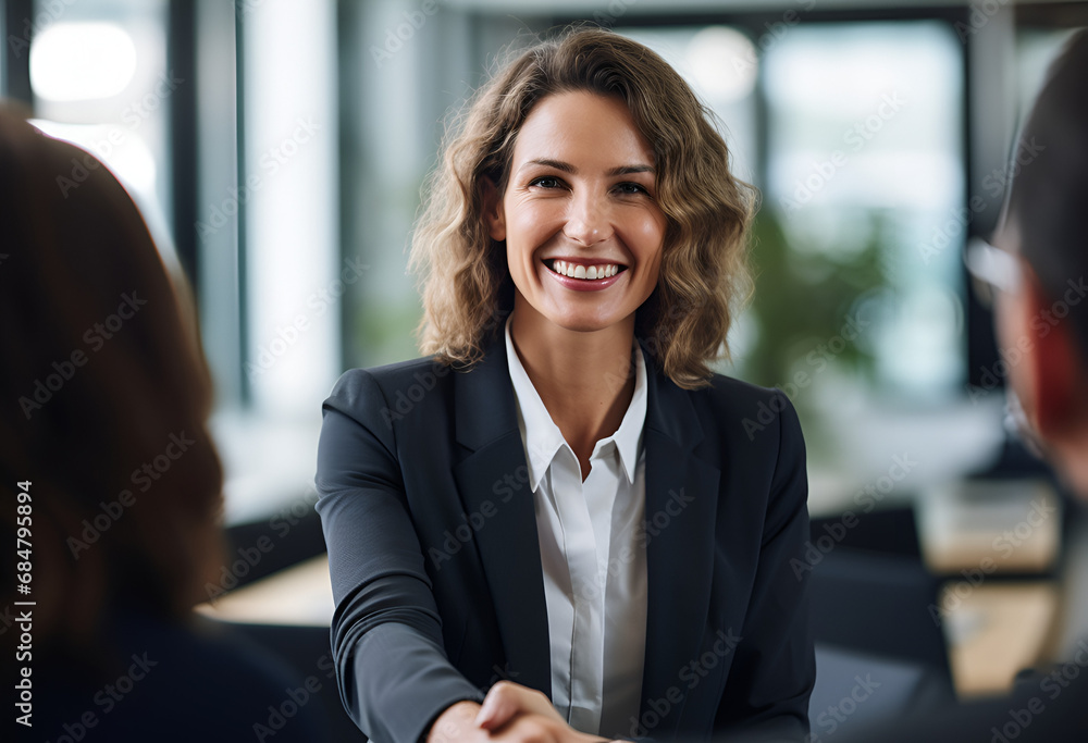 Happy mid aged business woman manager handshaking Happy mid aged business woman manager handshaking