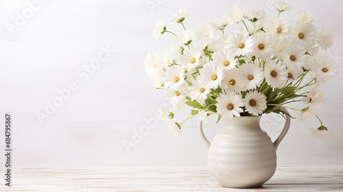 The table is white with a bucket of white flowers on it.