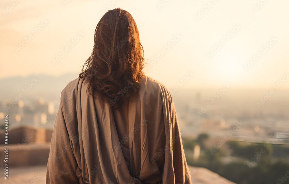 Jesus Christ view from the back. Religious concept Jesus Christ view from the back. Religious concept
