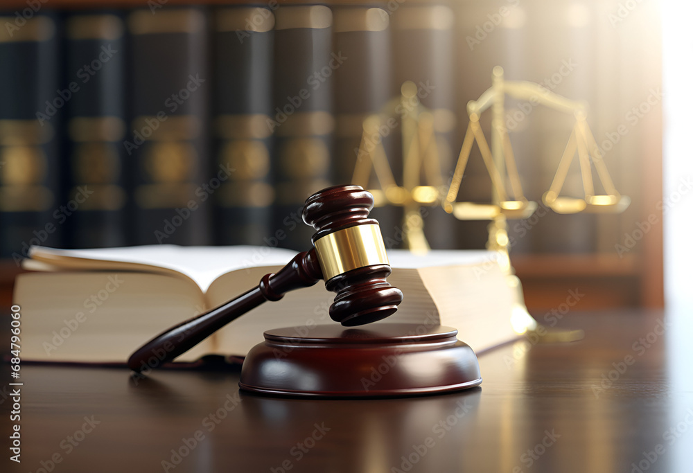Judge gavel and law books in court background Judge gavel and law books in court background