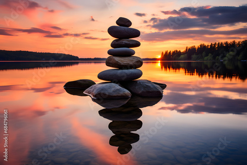 Harmonie am Ufer - Balancierte Steine schaffen natürliche Zen-Ästhetik am See
