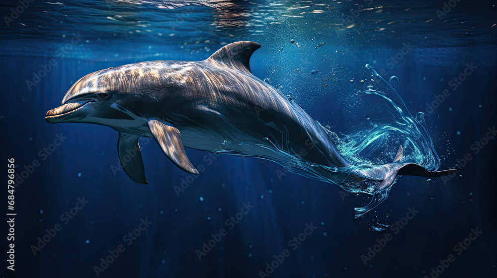 Fototapeta premium Swimmer's powerful underwater dolphin kick vivid blue water