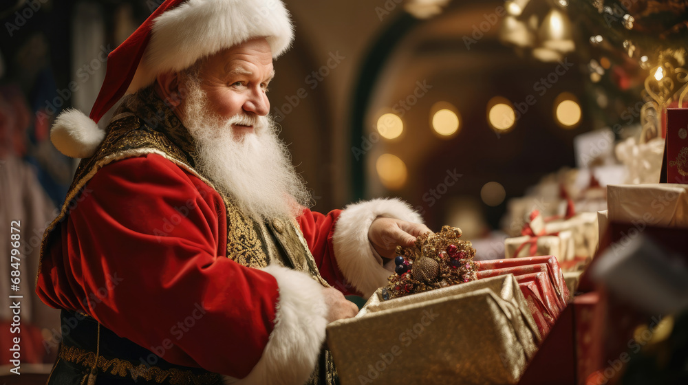 Santa arranging wrapped gifts in a vintage sleigh