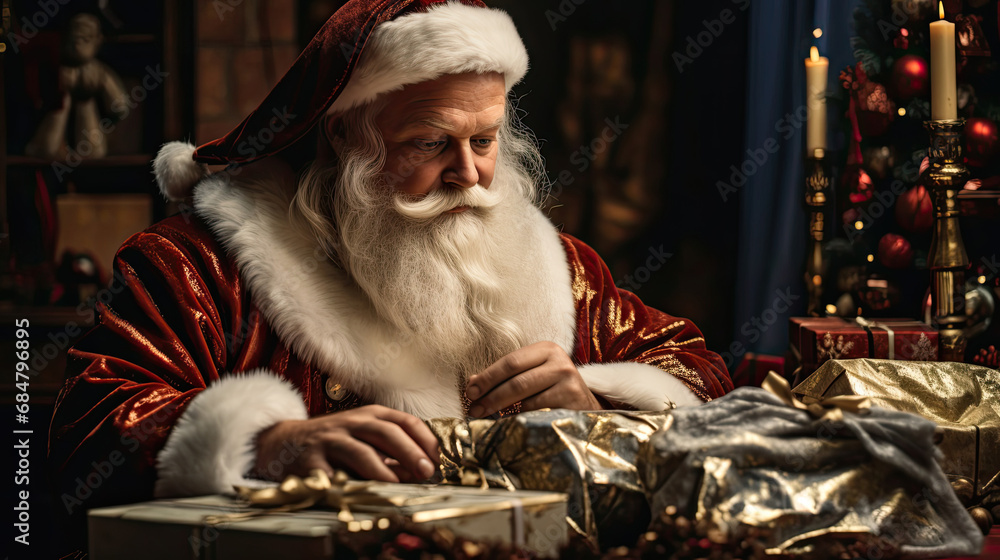 Santa arranging holiday packages in a decorated sleigh