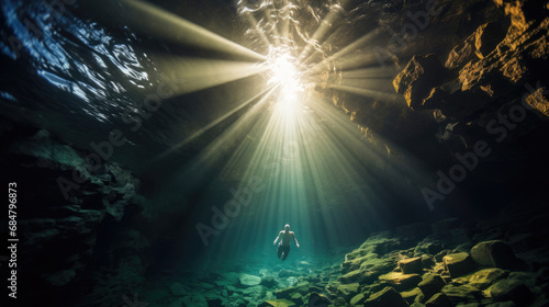 Swimmer in underwater cave sunlight beams captivating shadows