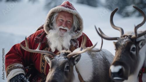 Santa adjusting animated reindeer on a snowy hillside