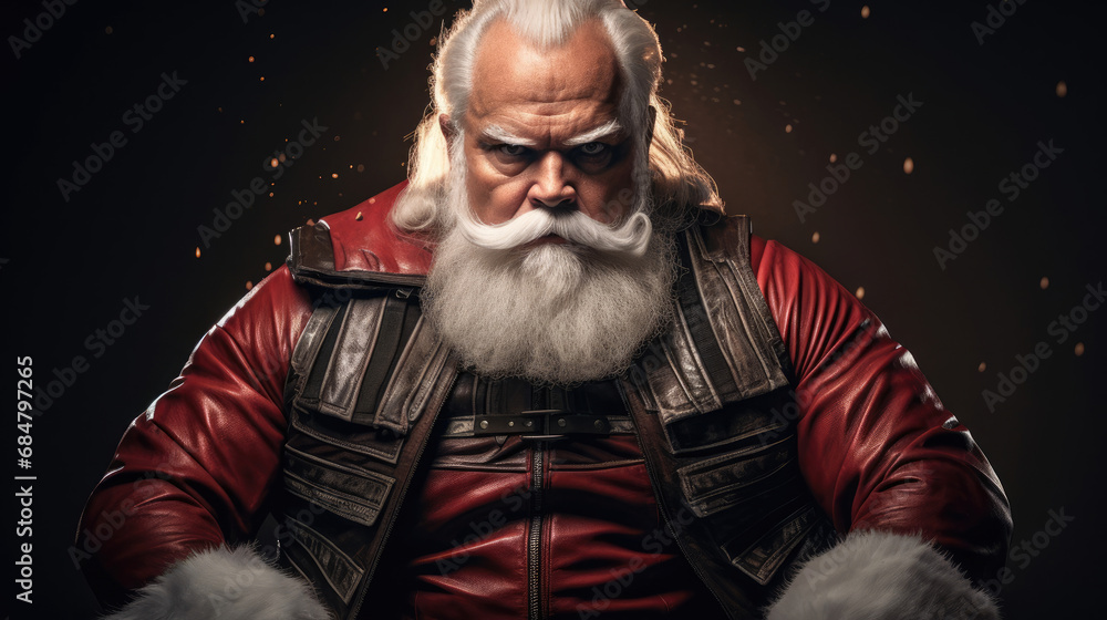 Determined Santa Claus portrait heroic stance maroon background