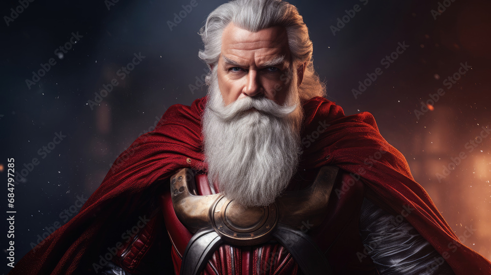 Santa as holiday hero confident stance bold crimson backdrop