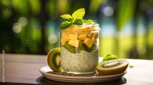 Nutritious chia pudding layered with kiwi and mango, garnished with mint, offers a refreshing and healthful treat. Perfect for a satisfying and guilt-free snack