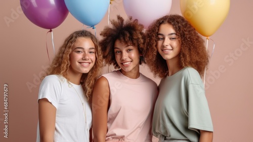 Teen girls pose with a birthday gift and pastel balloons against a pink studio backdrop.