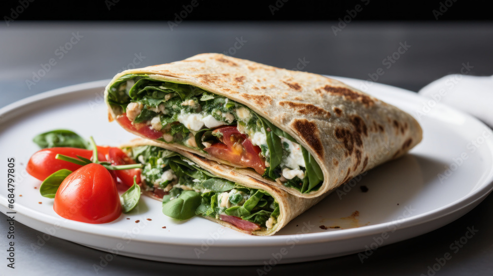  Healthy vegetable wrap with a fresh mix of greens and cherry tomatoes, perfect for a quick nutritious meal. A delicious way to enjoy a balanced diet.