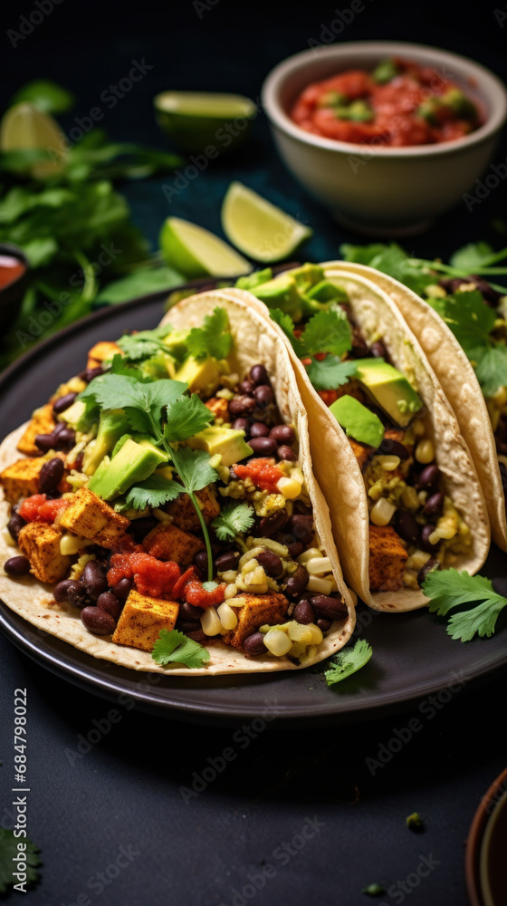 Vegetarian tacos filled with roasted sweet potatoes, black beans, and avocado, garnished with fresh cilantro. A healthy and flavorful meal that supports a balanced diet. Vegetarian tacos filled with roasted sweet potatoes, black beans, and avocado, garnished with fresh cilantro. A healthy and flavorful meal that supports a balanced diet.