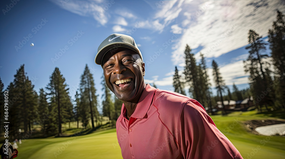 Close-up of golfer's joy at hole-in-one vibrant course backdrop Close-up of golfer's joy at hole-in-one vibrant course backdrop