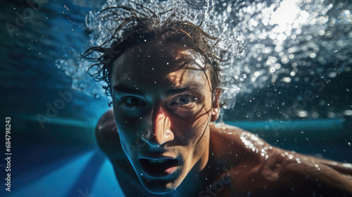 Detailed swimmer's flip turn suspended water droplets blue pool © javier