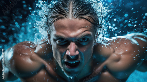 Focused swimmer executing flip turn vivid pool setting © javier